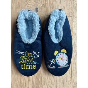 Snoozies On Lake Time Navy Blue Sherpa Lined Non-Skid House Slippers Skinnies